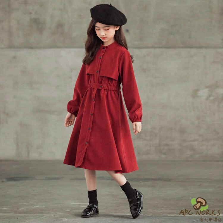 乐天商城 - 子供ドレス ワンピース 女の子 ドレス ジュニア ガーリー 入学式 子供 ドレス 長袖 女の子 キッズ 卒業式 入学式 フォーマル 子供服 トレンチ風ワンピース フロントボタンワンピース ドレス ピアノ 発表会 七五三 サンタ クリスマス 赤 黒 120
