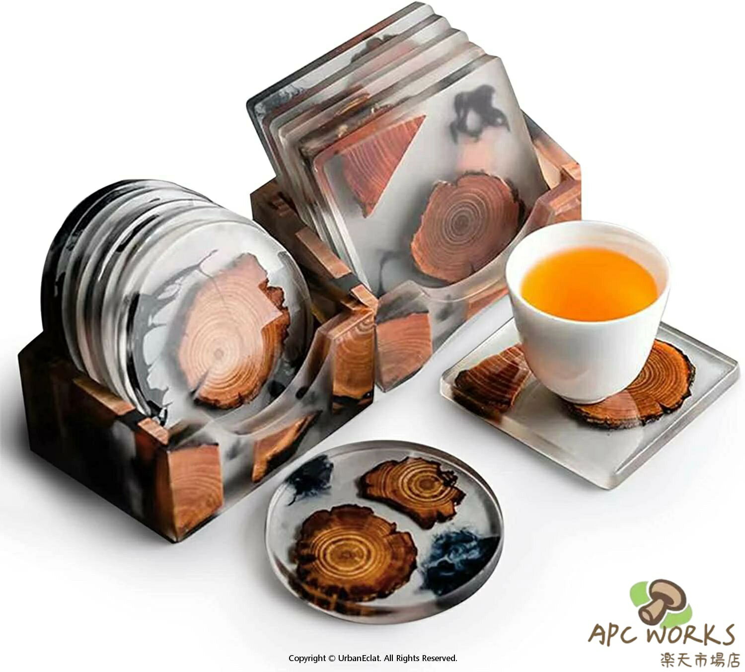 木製コースター レジン断熱パッド コップ敷き6枚セット 収納ケースが付き スター 円形 四角形 芸術品 アンティーク 上品感 可愛い オシャレ手作り 厚め 防水 滑り止め 装飾 無塗装 工芸品 /カフェ/来客用