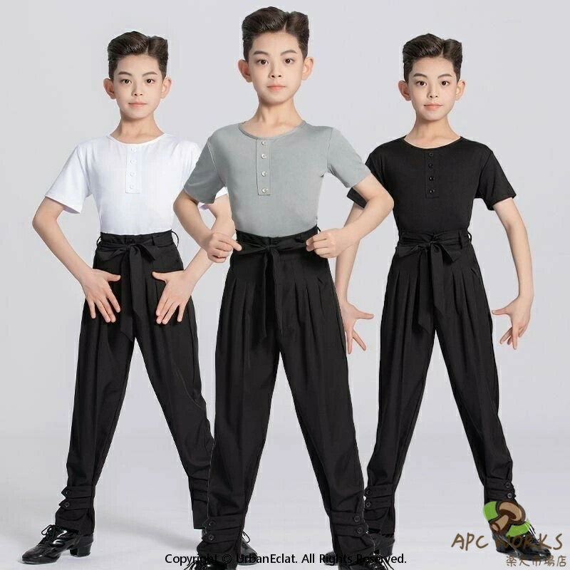 ダンス服 キッズ 男の子 ラテンダンス 練習着 レッスン着 トレーニングウェア 競技用 発表会用 長袖 半袖 竹原繊維 白 黒 グレー 体操 身体表現 検定用