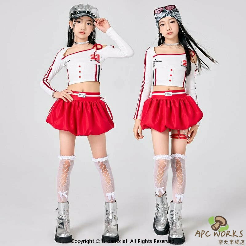 ダンス衣装 女の子 キッズ ジュニア 吸汗速乾 ジャズダンス セットアップ 長袖 ショート丈スカート K-POP ガールズグループ風 クール系 春秋 発表会 練習着 ステージ衣装