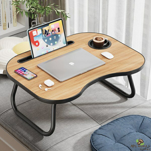 【無料送料】丸みを帯びた安全コーナー付き折りたたみ式ベッドサイドデスク、内蔵カップホルダー＆タブレット/スマートフォンスロット - ホームオフィス・寮・小スペース用コンパクト設計 - マウスパッド＆ヘッドホンフック付きエルゴノミックワークステーション
