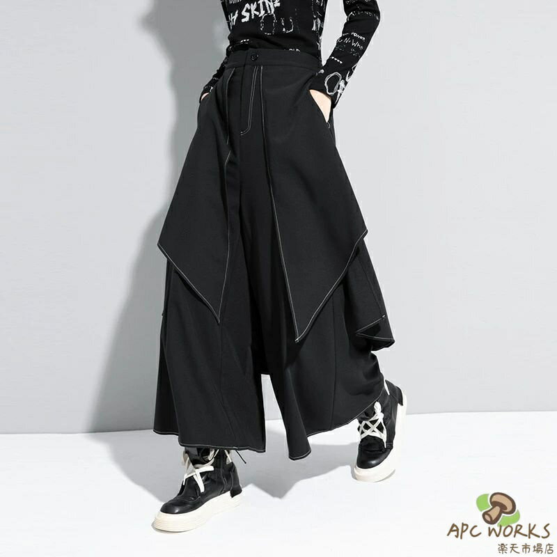 乐天商城 - ワイドパンツ レイヤード スカートパンツ レディース ボトムス 袴パンツ ガウチョパンツ 無地 薄手 黒 変形 v系 モード ストリート 春 夏 秋