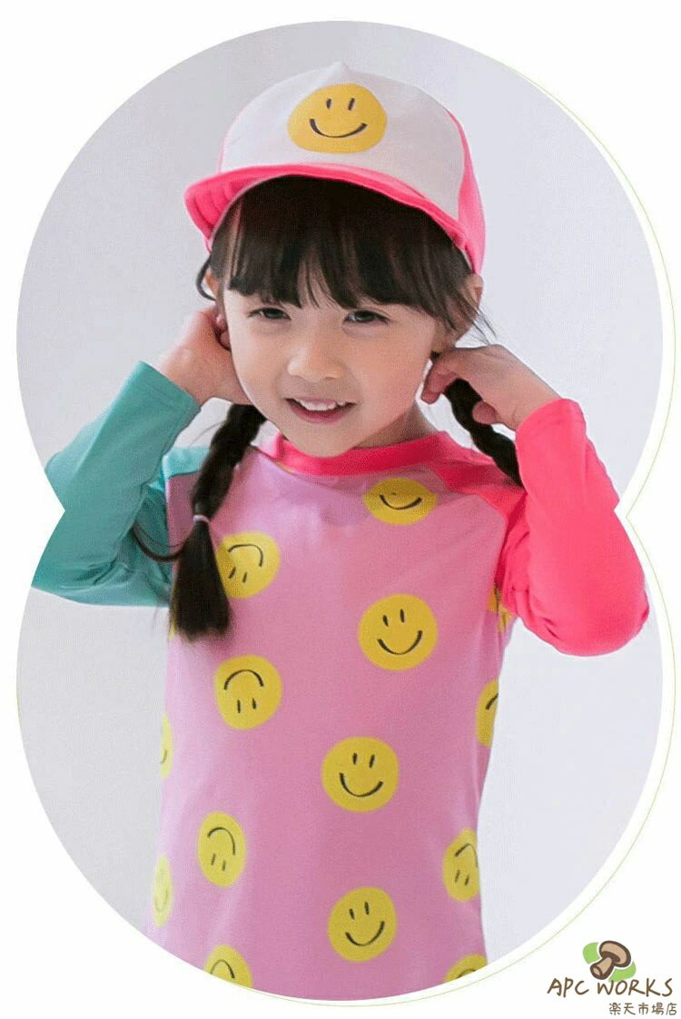 キッズ 水着 女の子 男の子 セパレート セットアップ ベビー水着 赤ちゃん 子供 子ども スクール水着 ラッシュガード 長袖 長パンツ 笑顔柄 レギンス 小学生 お洒落 オレンジ 可愛い 日焼け止め 85 90 100 110 120 130 140 145cm