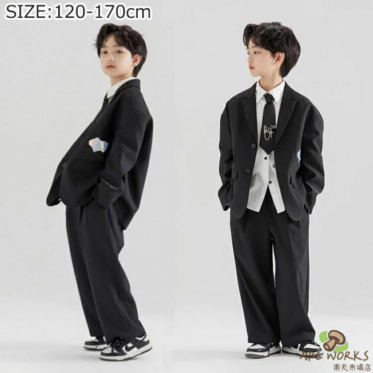 Top & Bottom Sets - 入学式 卒業式 スーツ 男の子 セットアップ ブラック ゆったり キッズ ボーイズ ジャケット パンツ ワイシャツ ネクタイ スーツセット フォーマル おしゃれ 受験 面接 発表会 入学式 卒業式 ジュニア 中学生 高校生 120 130 140 150 160 170