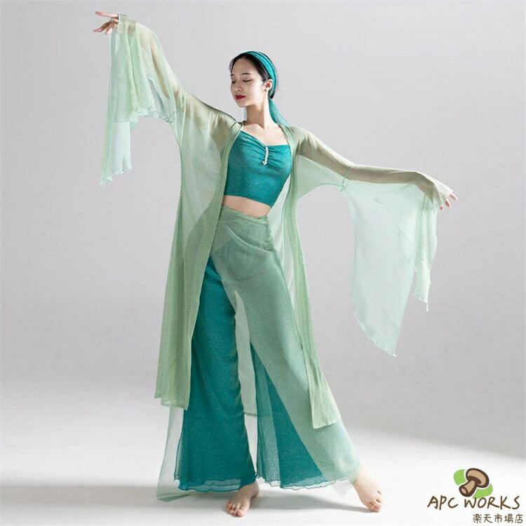 【大人気】古典ダンス衣装 セットアップ 4点セット レディース ダンス衣装 ダンスウエア 古典舞踊 踊り衣装 トップス 羽織 ロング丈 長袖 透け感 イレギュラー裾 キャミソール付き スカーフ ロングパンツ ガウチョパンツ ワイドパンツ 発表会 演出服 団体服