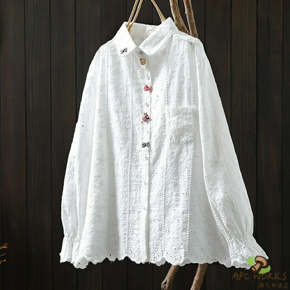 乐天商城 - 綿シャツ シャツブラウス 刺繍 トップス ブラウス 花柄 コットン 白シャツ レディース シャツブラウス ホワイト 長袖 綿100 長袖シャツ 薄手 春夏 ゆったり 白シャツ 折襟 前開き 上品 可愛い ベーシック 通勤 通学 夏物 20代 30代 40代