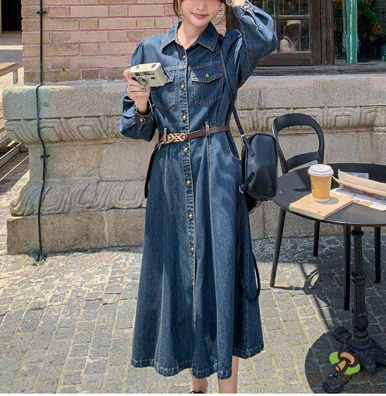 APC WORKS楽天市場店のレディース デニム シャツワンピース 前開き 長袖 デニムワンピース 折り襟 ロングワンピース ミモレ丈 ポケット付き きれいめ ナチュラル 体型カバー エレガント 大人 おしゃれ 無地 Aライン ゆったり シンプル ワンピ 落ち感 柔らかい 着痩せ 大きいサイズ｜アングル2