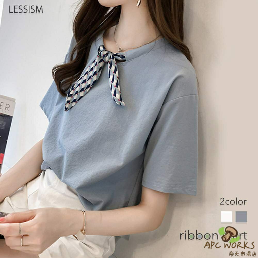 乐天商城 - Tシャツ レディース リボンTシャツ ティーシャツ 7分袖 大人 40代 ブランド 半袖 人気 かわいい 5分袖 カジュアル 薄手 ゆったり シャツ ブラウス Vネック 涼しい 春 ジム カットソー ロゴ コーデ 夏 トレーナー スポーツ おしゃれ ブラック ロング 無地