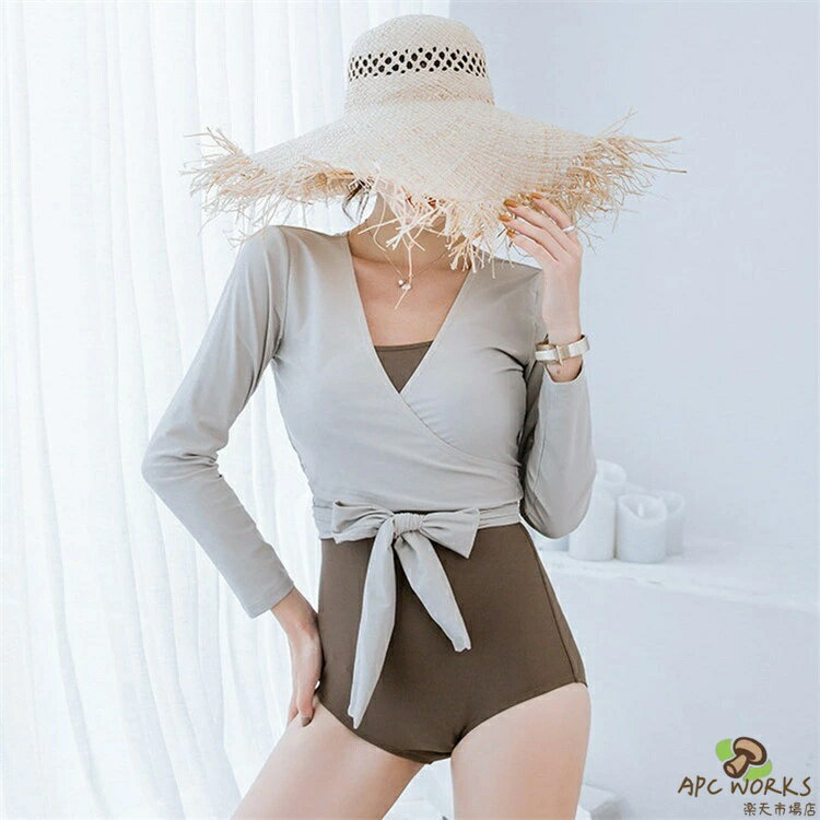 水着 レディース オールインワン 体型カバー 長袖ラッシュガード ママ水着 ビキニ ビーチウェア ワンピース水着 水泳 オトナ女子 お洒落 スイムウェア 無地 シンプル ガーリー プール ビーチ 海 リゾート 夏 着痩せ 日焼け防止 UVカット