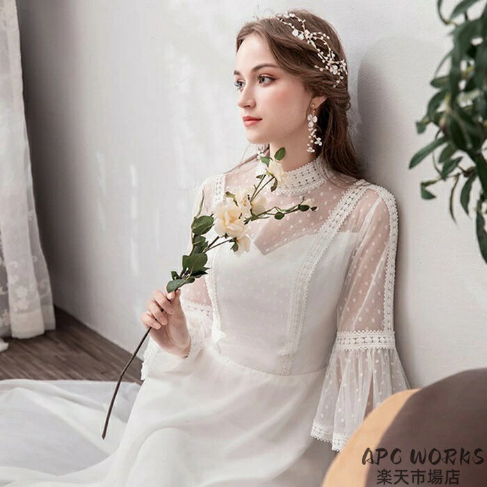 APC WORKS楽天市場店のウェディングドレス 二次会ドレス 新作ドレス 森ガール 花嫁 ドレス レース フレア袖 前撮りドレス パーティードレス エレガント ロングドレス 演奏会 結婚式 披露宴 謝恩会 イブニングドレス　白 ファスナー XS〜XXLまで｜アングル2