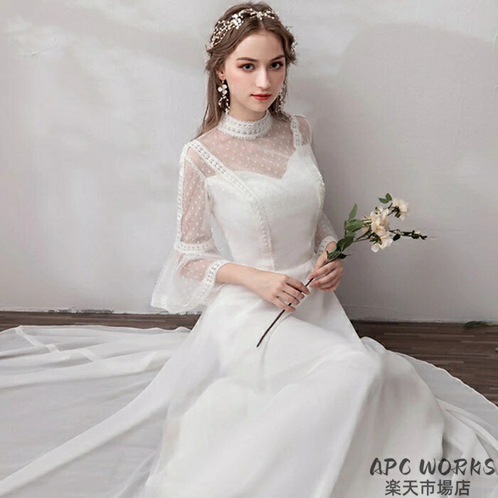 APC WORKS楽天市場店のウェディングドレス 二次会ドレス 新作ドレス 森ガール 花嫁 ドレス レース フレア袖 前撮りドレス パーティードレス エレガント ロングドレス 演奏会 結婚式 披露宴 謝恩会 イブニングドレス　白 ファスナー XS〜XXLまで｜アングル3