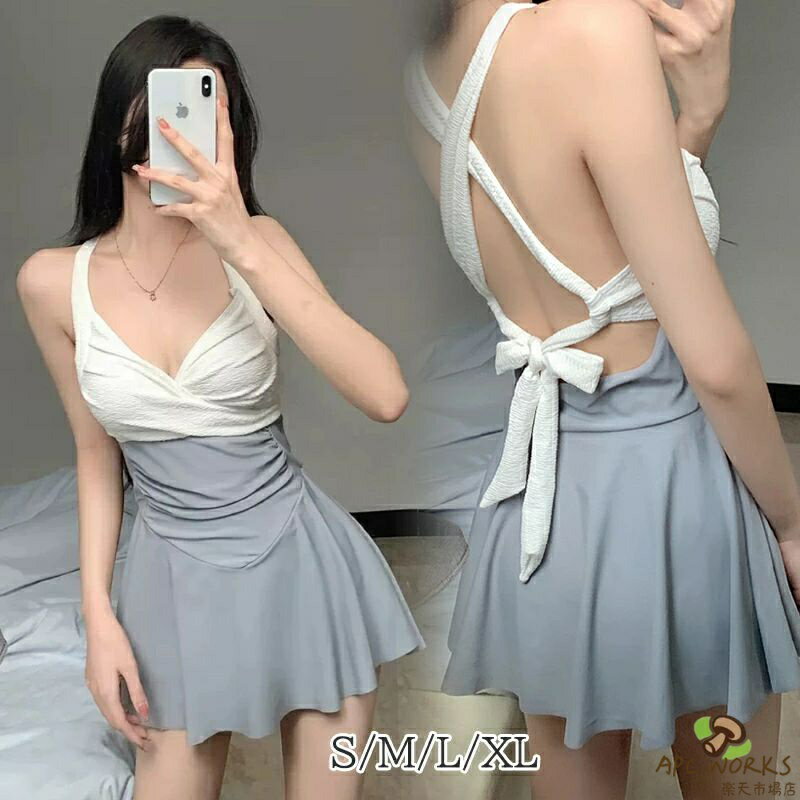 【M~XL】水着 レディース 人気 ワンピース 体型カバー 細見え 切替 ホワイト ブルー バックシャン バッククロス かわいい 10代 20代 30代 40代 レディース 夏 ビーチ 海 水遊び リゾート デート ガーリー 大人可愛い オトナ 韓国風 ホルターネック ミニ 送料無料