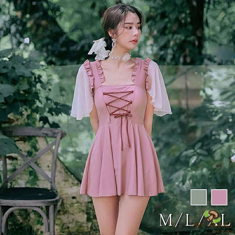 乐天商城 - レディース 水着 ワンピース オールインワン フリル水着 温泉旅行 半袖 体型カバー 女性水着 スイムウェア ショートパンツ 水陸両用 日焼け止め 学生 水泳 露出控え おしゃれ かわいい ピンク グリーン スクエアカラー スクエアネック 20代 可愛い 量産型 二の腕カバー