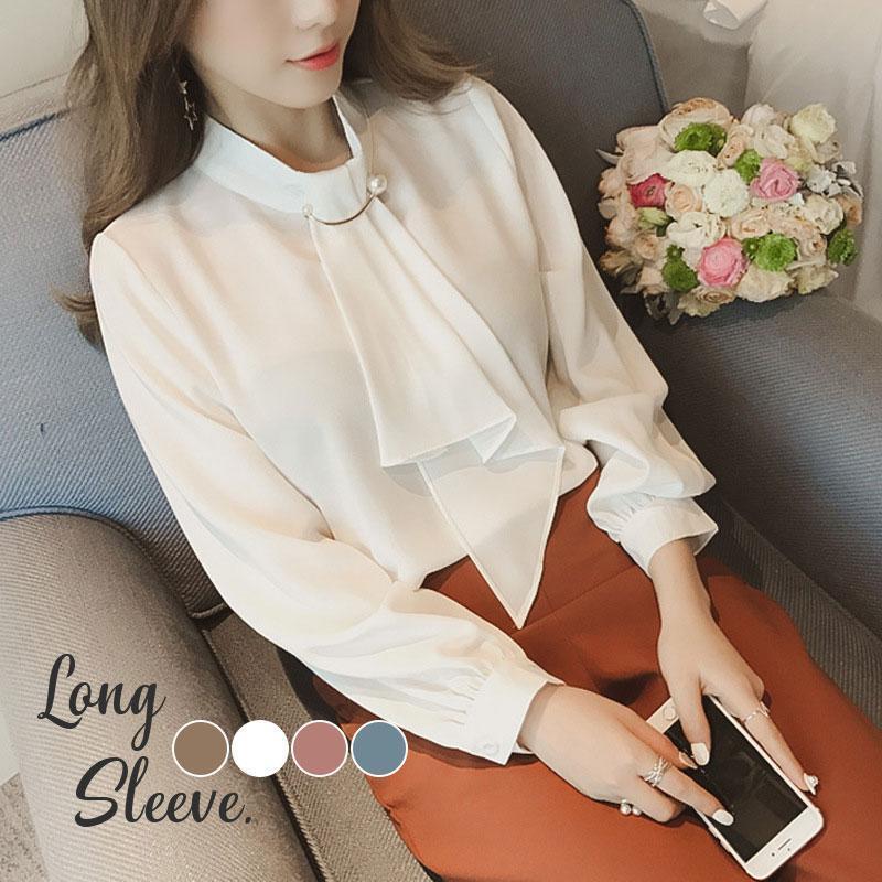 乐天商城 - ブラウス レディース 春夏 秋 シフォン レディース 長袖 ボリューム袖 リボンシャツ オフィス トップス 通勤 スーツ インナー ビジネス 入学式
