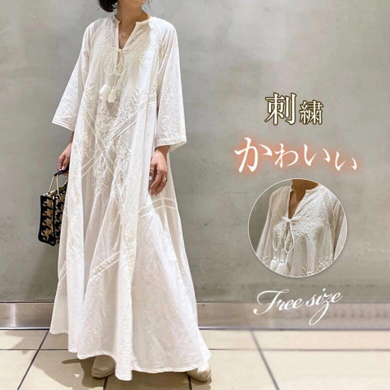 乐天商城 - ワンピース レディース ロング丈 ロングワンピース 七分袖 長袖 花柄 きれいめ ゆったり ワンピ ラウンドネック 刺繍 春 夏 秋 大きいサイズ カジュアル
