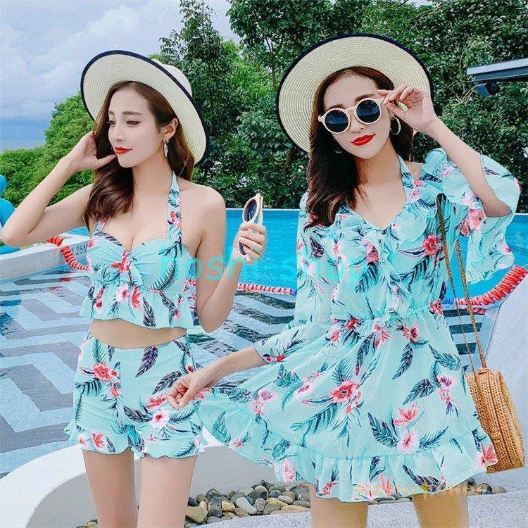 乐天商城 - ビキニ水着レディース 夏 ビキニ3点セット水着 体型カバー 韓国風 葉柄 花柄 葉柄 小胸バンドゥビキニ セパレート 40代 可愛い スイムウェア 温泉 ママ水着