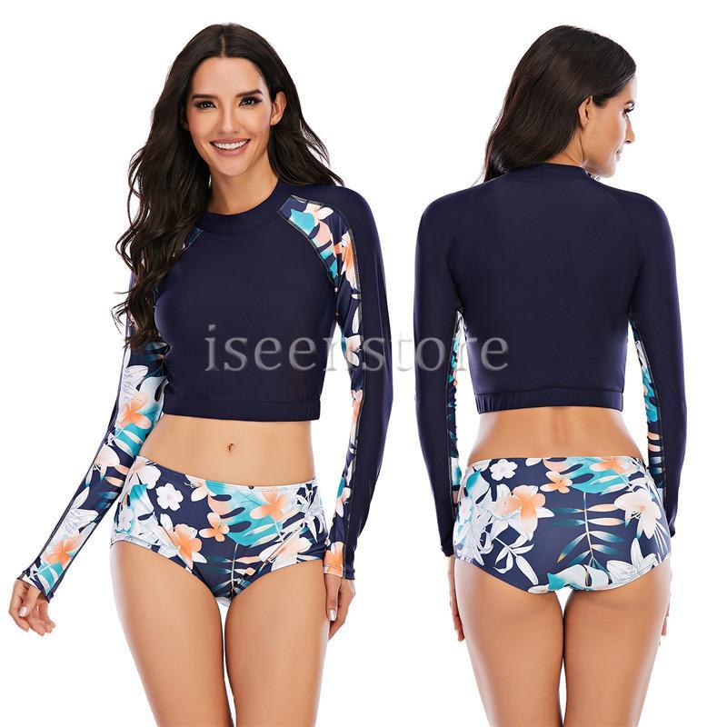 乐天商城 - 水着 レディース 長袖 ラッシュガード フィットネス水着 スポーツ 体型カバー 上下セット 夏 人気 可愛い スイムウェア 練習用サーフィン 日焼け防止 30代 40代