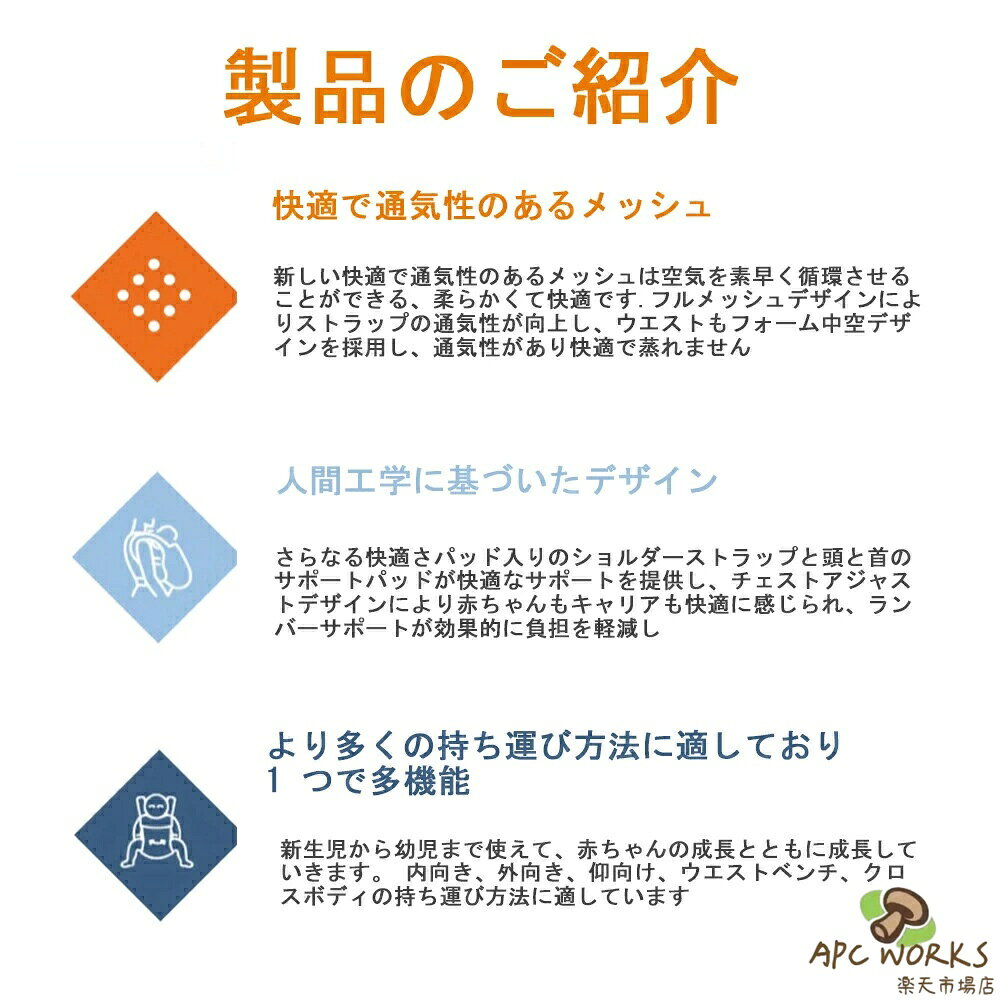 APC WORKS楽天市場店の抱っこひも 抱っこ紐 ヒップアップ ベビーキャリア メッシュ 専用ポーチ付 前向き抱き 送料無料 プレゼント おすすめ ギフト 新生児 出産祝 ギフト｜アングル2