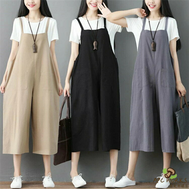 乐天商城 - サロペット レディース 綿麻 ワイドパンツ オールインワン ボトムス ボトム ポケット付き サスペンダー ゆったり 大きいサイズサロペットパンツ たっぷり 大人 お洒落 おしゃれ シンプル 無地 大人カジュアル 黒 M L LL 2L 3L 4L