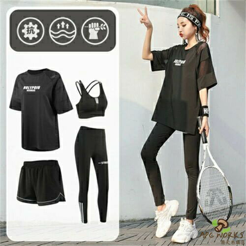 ランニングウェア レディース セット 4点セット 上下 ウェア おしゃれ 可愛い かわいい トレーニングウェア ジムウェア ジム ヨガウェア スポーツウエア 女性 女子 春 秋 秋冬 トップス 夏 半袖 Tシャツ ショートパンツ レギンス パンツ スポーツブラ 吸汗 速乾 黒 ブルー 紫