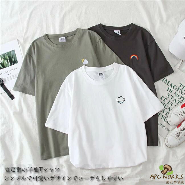 乐天商城 - 半袖Tシャツ レディース Tシャツ クルーネック サマーTシャツ 半袖 カットソー 虹柄 夏Tシャツ レインボー柄 ゆったりTシャツ 可愛い