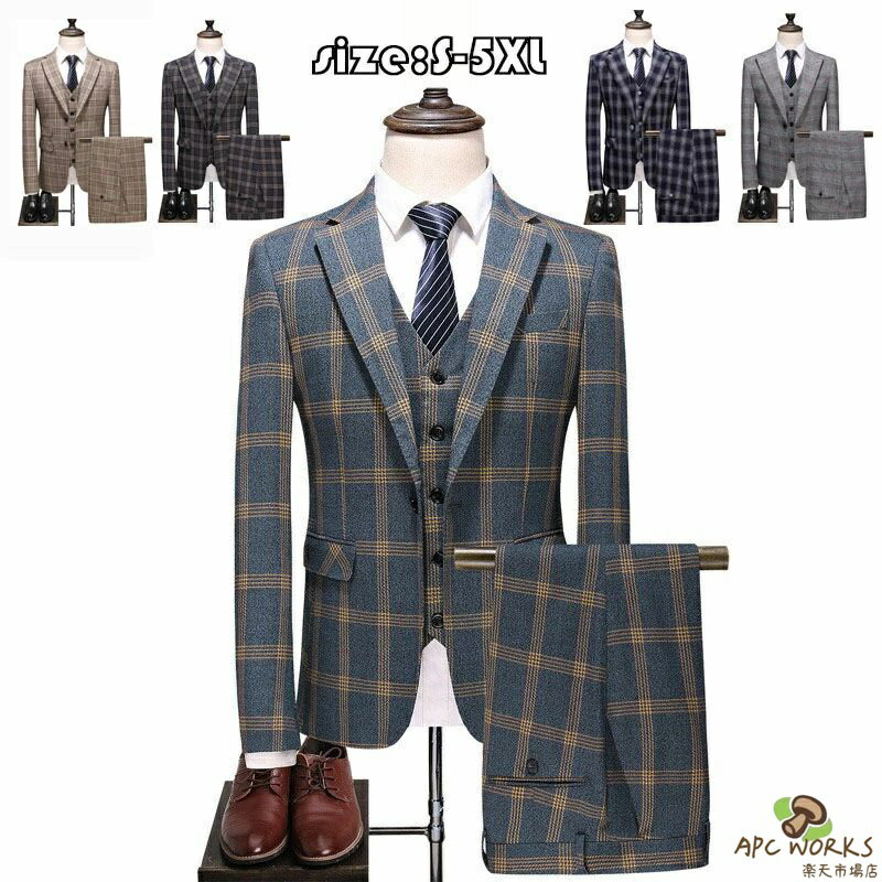 乐天商城 - メンズスーツ 3ピーススーツ ビジネススーツ スーツスーツ チェック柄 メンズスーツスリーピーススーツ 1つボタンスーツ メンズ スリムスーツ 男性用 紳士服 大きいスーツ セットアップ ファッション オシャレ 高品質 フォーマル 結婚式 全5色