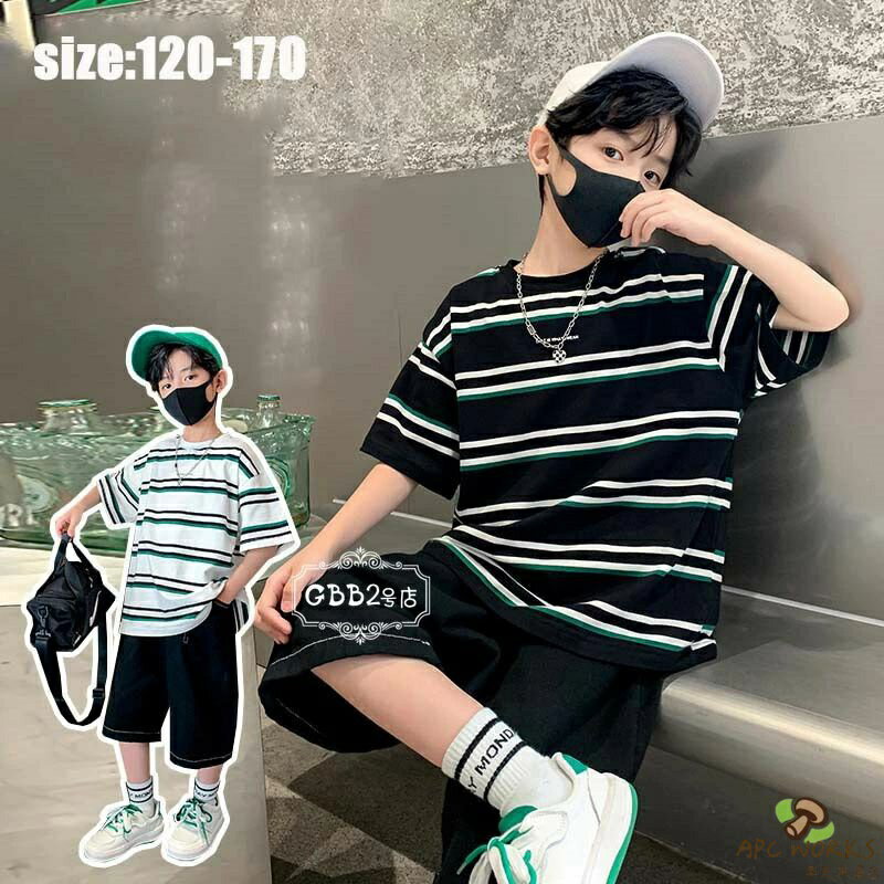 乐天商城 - 韓国子供服 セットアップ 男の子 夏 半袖 tシャツ 半ズボン ストライプ 上下セット カジュアル ゆったり リゾート キッズ こども 可愛い きれいめ //卒園式/入学式 ブラック ホワイト 120 130 140 150 160 170cm