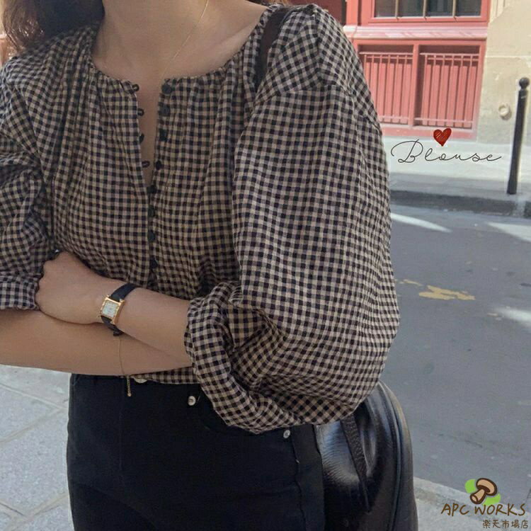 乐天商城 - ブラウス レディース きれいめ 春夏 40代 可愛い シャツ 長袖 ゆったり カジュアル パフスリーブ チェック おしゃれ 韓国風 通勤 チェック ブラウス