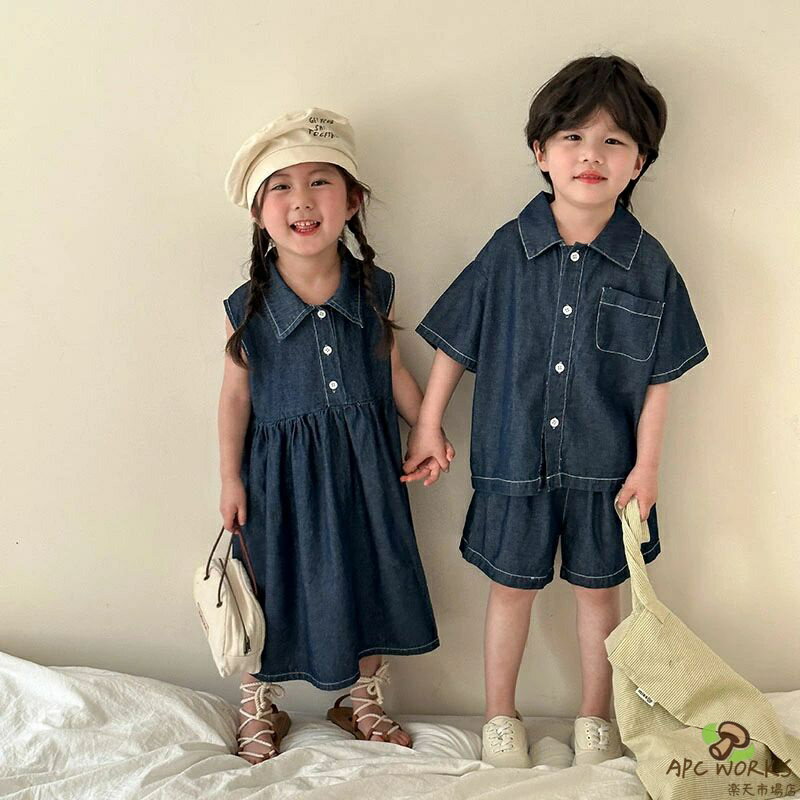 乐天商城 - デニム セットアップ キッズ 兄妹 ベビー服 男の子 女の子 ロング ワンピース 子供服 シャツ 半袖 綿 ショートパンツ デニムパンツ 夏服 おしゃれ 可愛い トップス ボトムス ジュニア 赤ちゃん 誕生日 プレゼント 幼稚園 小学生 お出かけ 150cm 140 130 120 110 100 90 80