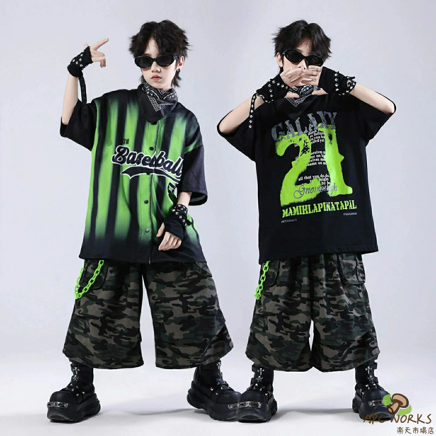 Rakuten - 黒x緑 キッズ ダンス衣装 男の子 半袖 コート Tシャツ ワイドパンツ 迷彩パンツ セットアップ 子ども用 ジャズダンス服 学園祭 普段着 パフォーマンス チア服 体育祭 舞台ステージ 応援団 舞台衣装 イベント おしゃれ舞台用セット jazz 発表会 キラキラ 団体服