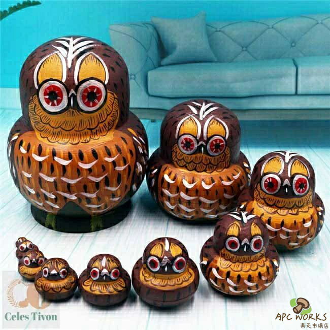 マトリョーシカ ロシア民芸品 土産物 手作り人形 手描き フクロウ オブジェ 10個組 木製 インテリア雑貨 洋風 可愛い ギフト プレゼント キッズ 北欧雑貨 伝統工芸 おもちゃ イエロー グレー 飾り 誕生日 キッズ おもしろい 子供部屋 ハロウィン クリスマス