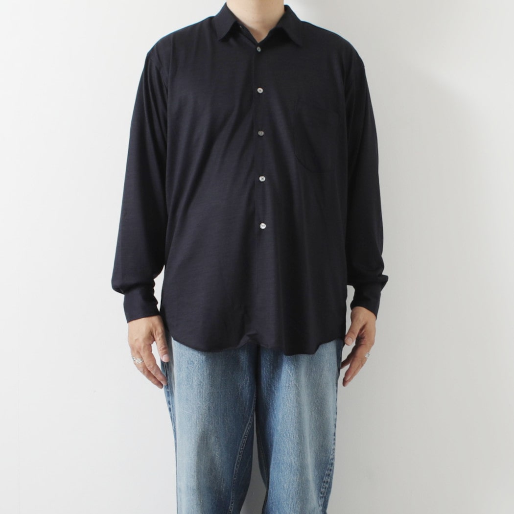 Rakuten - INTERIM インテリム エクストラ ファイン メリノウール ジャージー ロングスリーブ レギュラーカラー シャツ ダークネイビー