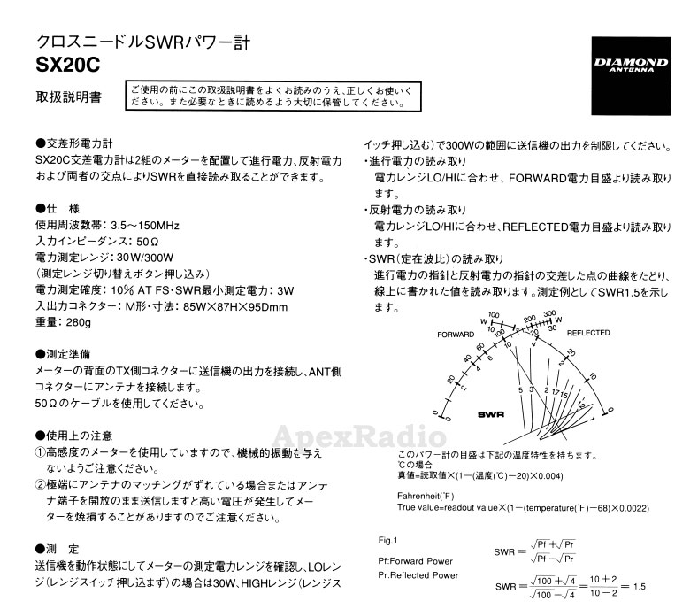 SWRパワー計　(交差形電力計) クロス 第一電波工業　SX20C (SX-20C)(DIAMOND) 【3.5-30MHz、50-54MHz、130-150MHz】 アマチュア無線