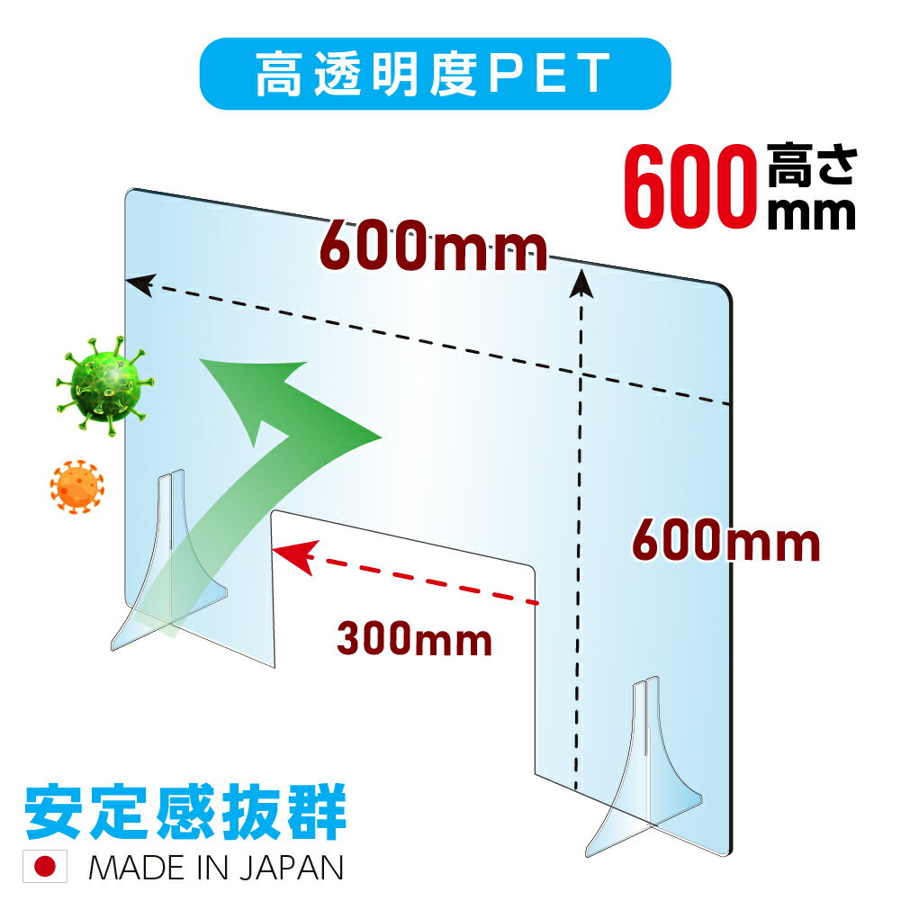 透明PETパーテーション W600×H600mm W300mm商品受け渡し窓あり 特大足付き 衝突防止 飛沫防止 デスクパーテーション 仕切り板 ウイルス対策 fpet-6060-m30