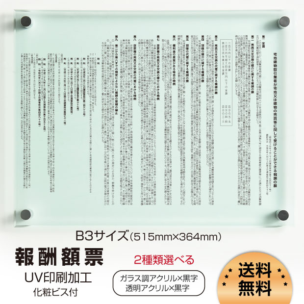 「Apex看板」宅建報酬額票 5mmガラス調/透明アクリル板 515mm×364mm(令和元年改訂版)アクリル板 壁付け /法定看板 法…