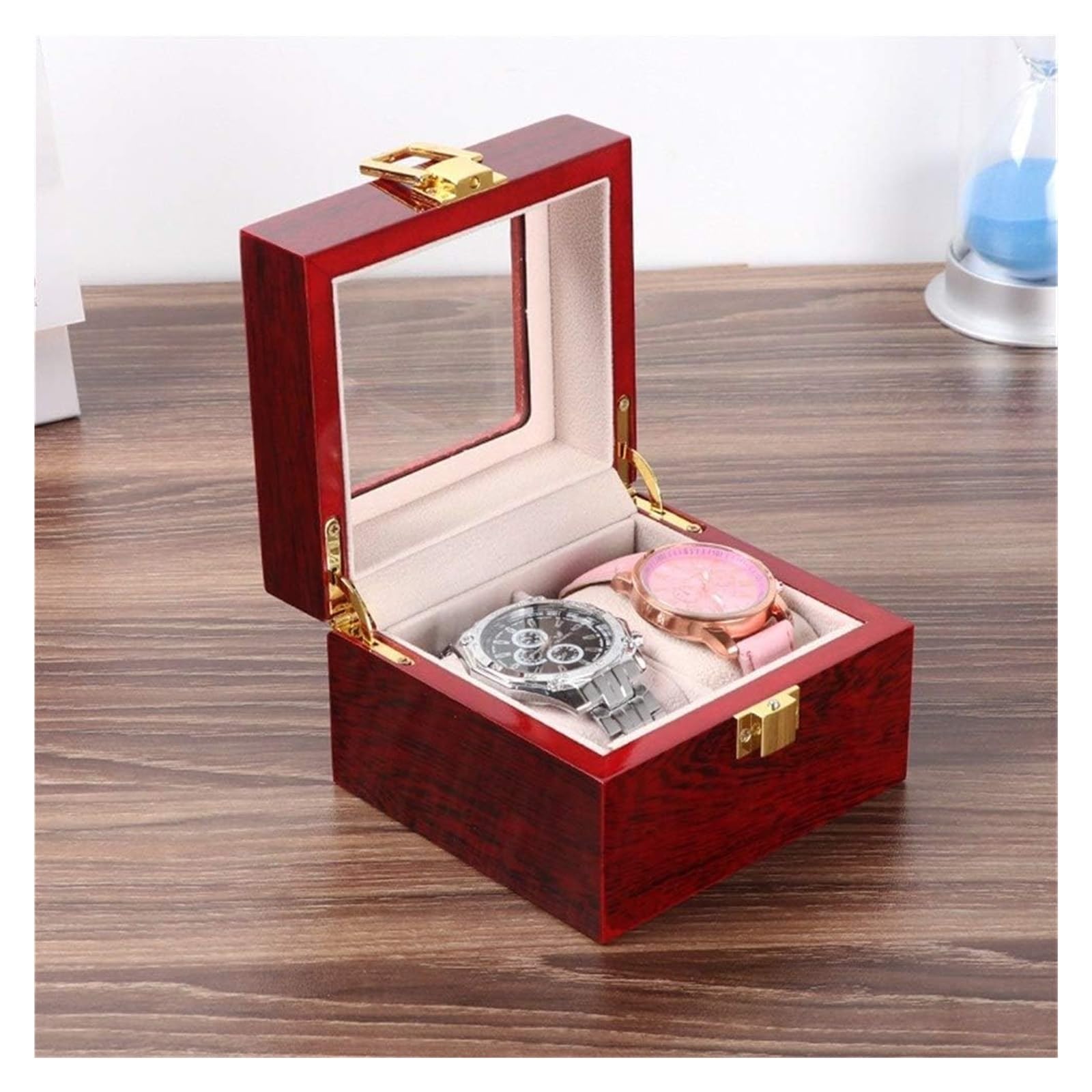腕時計ケース、エレガントなポータブル木製腕時計ボックスオーガナイザー 男女兼用 スロット2つ付き 透明なトップ、時計ホルダー メンズ腕時計ケース収納 夫/友人に...