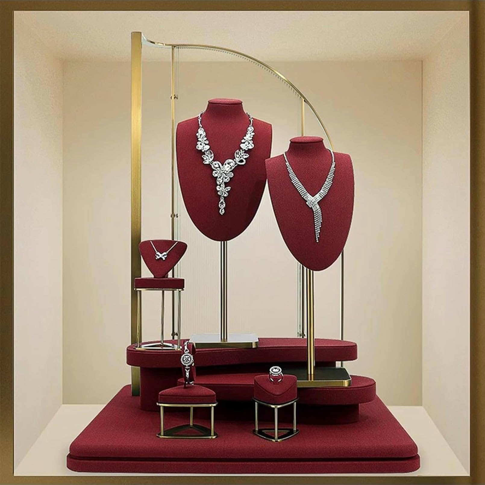 ジュエリーディスプレイマネキンネックレスバストレッドベルベットディスプレイセット オーガナイザーカウンタートップスタンド用