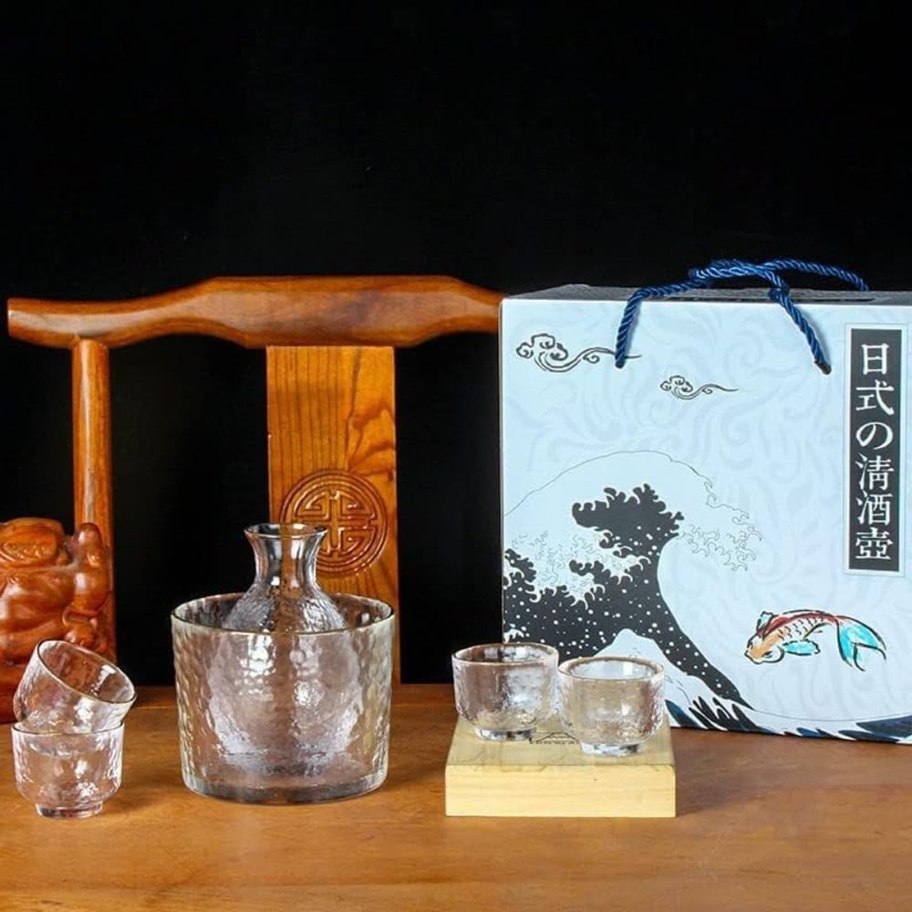 冷酒器 ガラス徳利セット 和酒徳利セット 酒器セット 1セット保温保冷 冷酒耐熱ガラス 酒器 日本酒 徳利 燗瓶 盃 シンプル,透明クリスタル