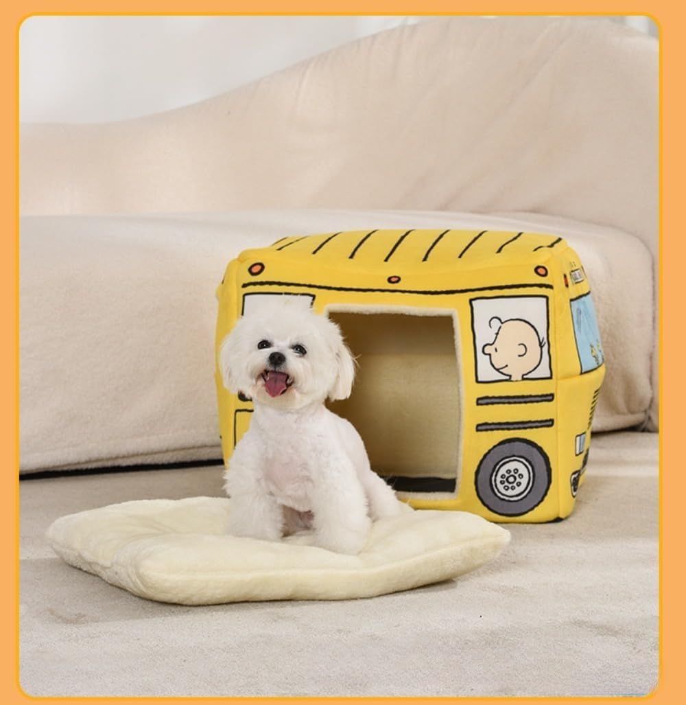 バス ペットベッド ハウス ドーム型 バス型 ハウス ベッド 犬小屋 ソファー型 犬 猫 ペットクッション 冬 おしゃれ 暖かい スクールバス 中型犬 小型犬 イエロー 犬猫用 (イエロー)