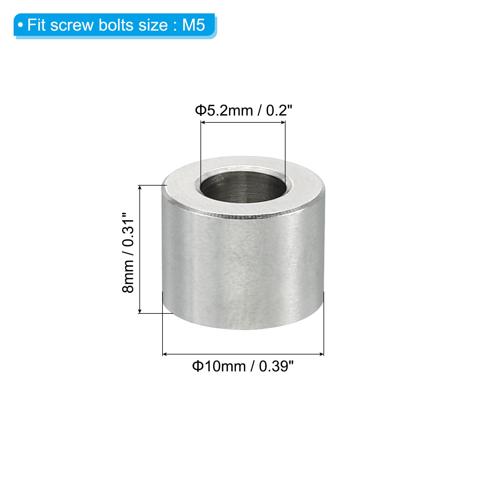 アピネスのM5ステンレススペーサー 10個セット メタルスペーサー ステンレススチール 5.2mm内径×12mm外径×20mm長 1/5インチまたはM5ネジ用 丸型スクリュースタンドオフ｜アングル2