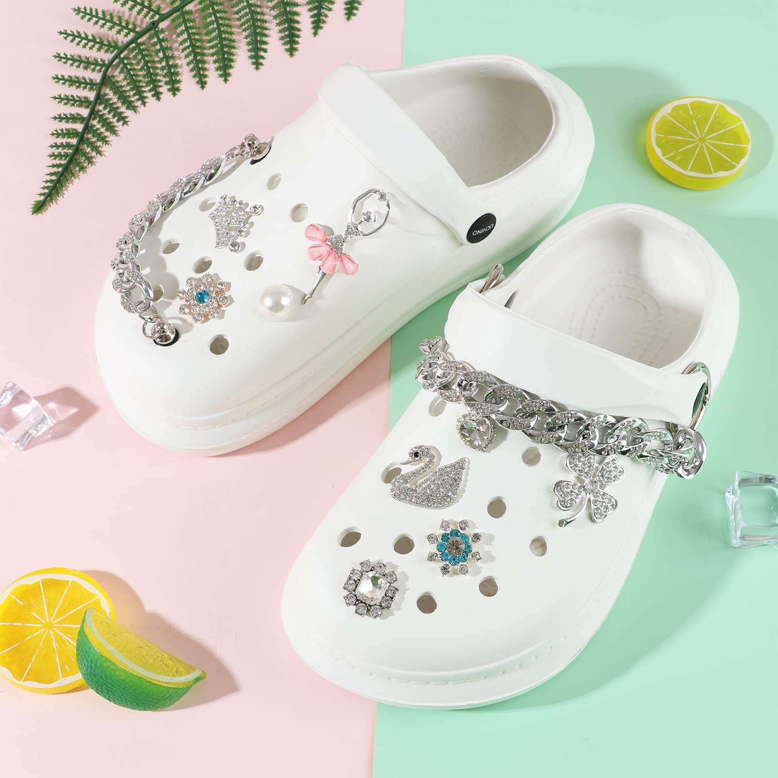 6ピース パンクチェーン クロックスシューズデコレーション DIY シューズチェーンチャーム メタルチェーンチャーム クロコ ティーン 男性 女性 ガールフレンド サンダル パーティー クロッグ カジュアル 大人 靴 アクセサリー シルバー, 宝石なし