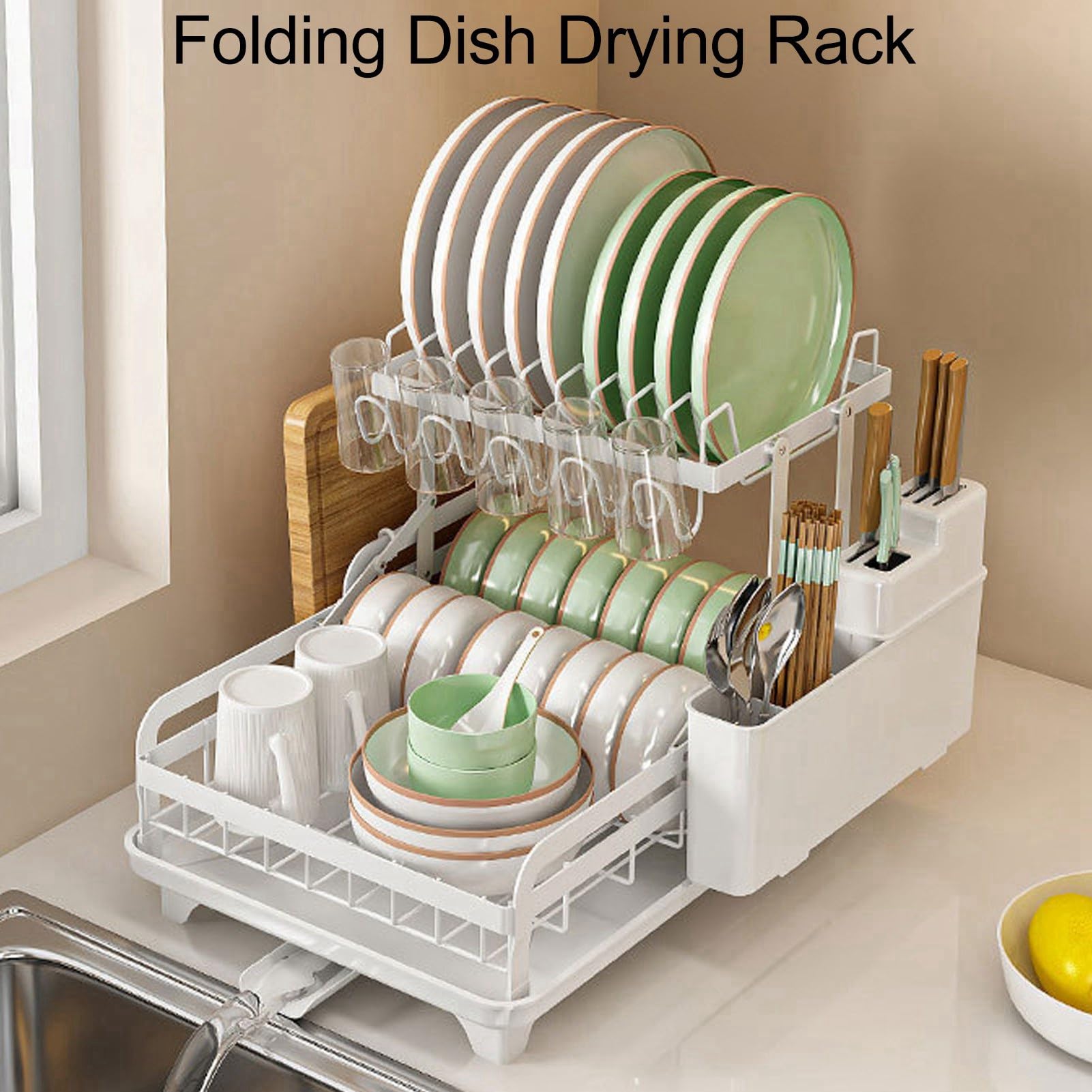 食器乾燥ラック、鉄製多目的食器乾燥機ラック、折りたたみ 2 段キッチンカウンタートップオーガナイザ..