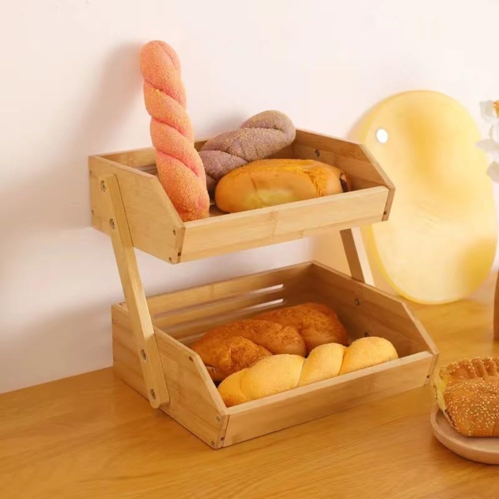 竹・木3段フルーツバスケット水切りラック2段組み立てフルーツトレー3段キッチンラック野菜棚垂直フルーツトレーフルーツスナック用野菜箱カットラック折りたたみかご折りたたみ箱 (げんしょく色,三階です) [並行輸入品]