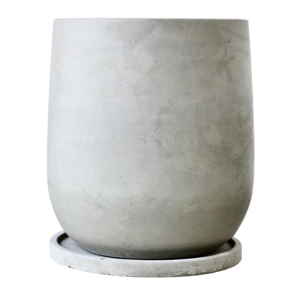 円形のセメントの植木鉢優雅な禅の意味中国風の観葉植物の底孔があって耐久性があります現代の円柱形のセメントの植木鉢屋内室外の植物 (23cm,水滴鉢はトレイ付きです) [並行輸入品]