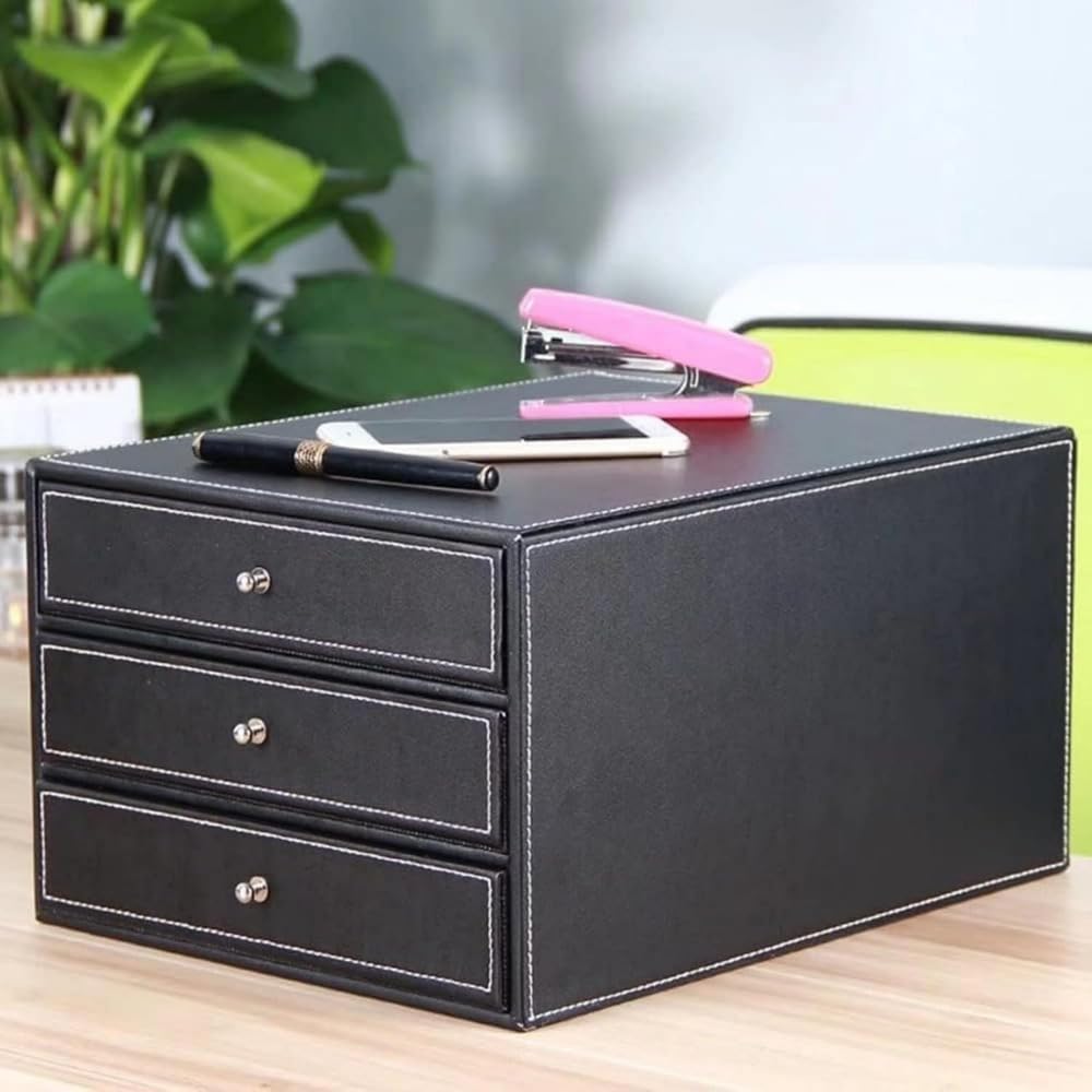 メールボックス レザー A4 ファイル収納ボックス 引き出し型デスクトップオーガナイザー ビジネスオフィス情報トレイ収納 スモールキャビネット A4 木製 おしゃれ 浅型 3層 ファイル収納ボックス ファイルトレイ 引き出し (ブラック（33.5*25.5*18.5cm）)