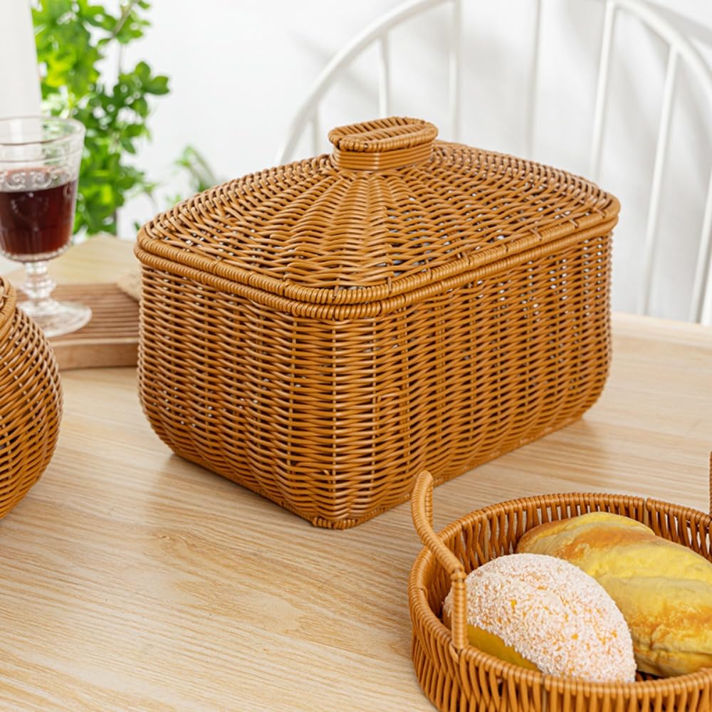 蓋付きバスケット おしゃれ スリム ピクニック 籐収納バスケット収納防塵 籐製品 蓋付き 多目的 花 野菜 果物 ラタントレー 収納バスケット 洗える 小物入れ スリム 収納バスケット 整理カゴ 家庭用 浴室 雑貨収納 雑貨かご 収納かご キッチン収納 お菓子皿 手織り (四角型)