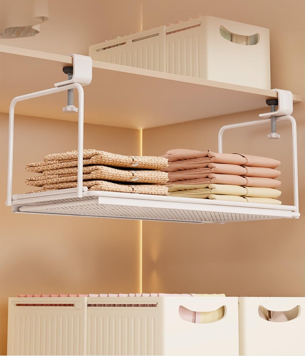 ワードローブ収納ラック シューズラック 下駄箱 戸棚下 吊り下げ棚 戸棚下 吊り下げラック 棚下 机下 テーブル下収納クランプ式 掛け式 伸縮式 折り畳み式 省スペース (ホワイト)