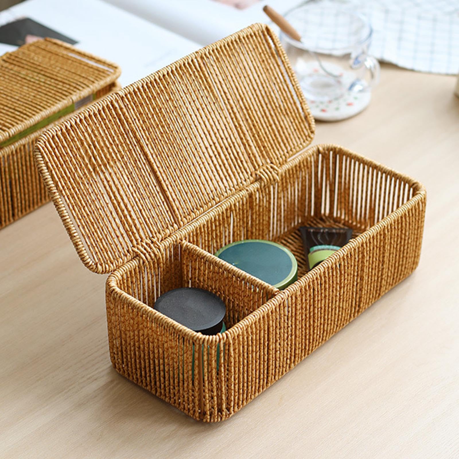 イミテーションラタン編みバスケット 編み込み収納バスケット 蓋付き 多機能装飾収納オーガナイザー テーブル ホーム キッチン用, 31cm×13cm×10cm