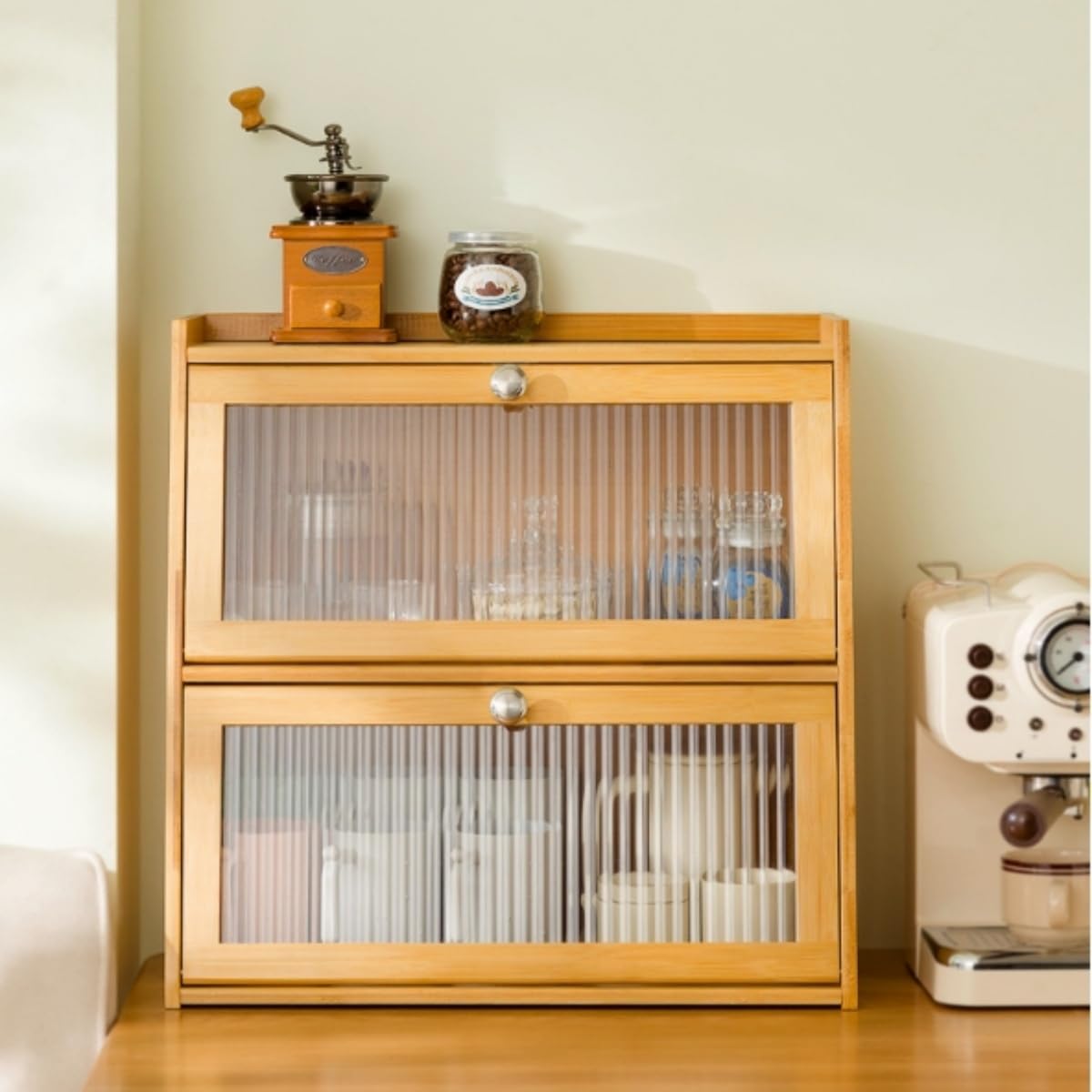 食器棚 卓上食器棚 キッチン収納棚 竹製 長虹工芸アクリルフリップドア 防塵 防湿 ひとり暮らし用 台所..