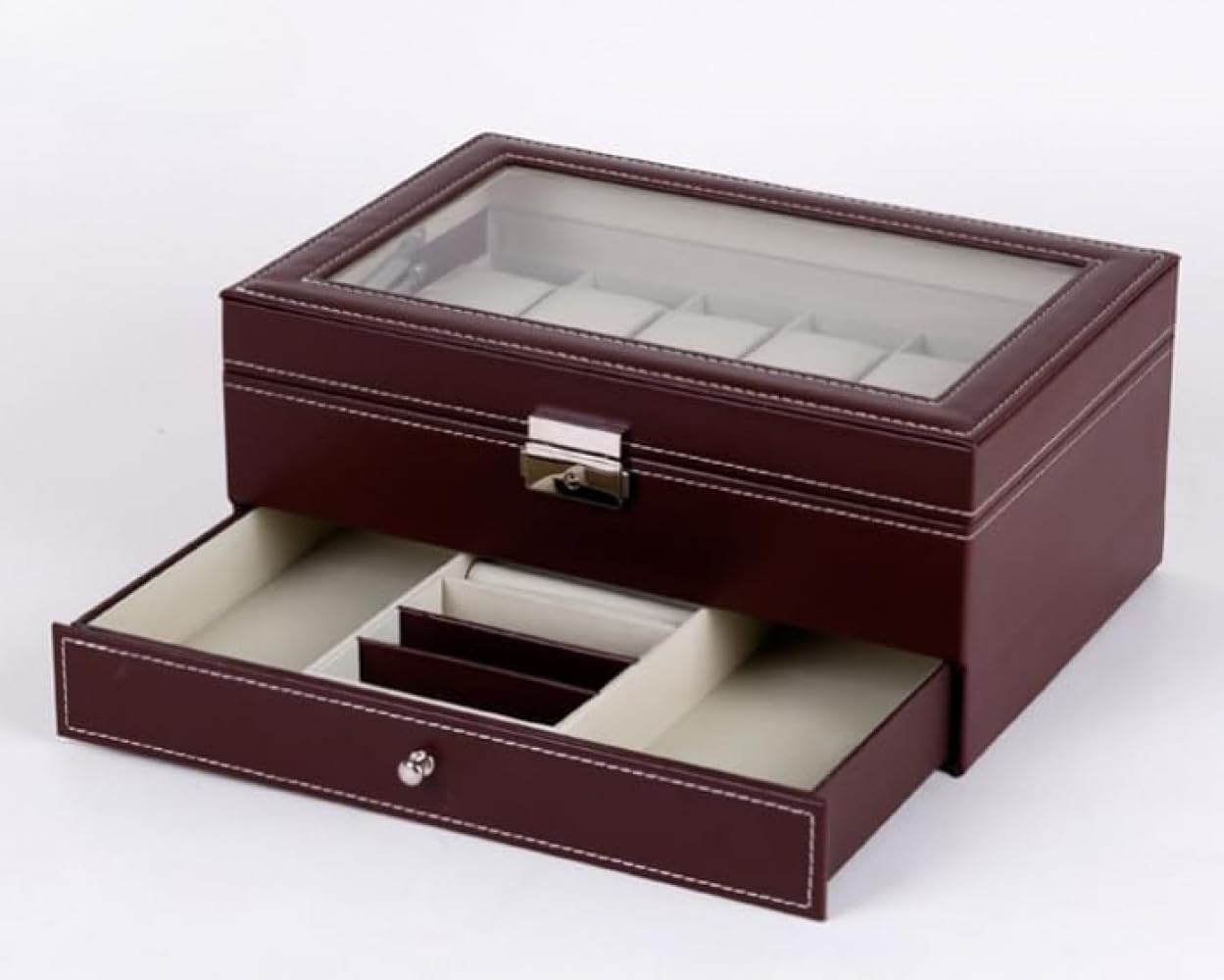 腕時計収納ケース キーロックとガラスカバー付きの12スロットPUウォッチボックスディスプレイボックス..